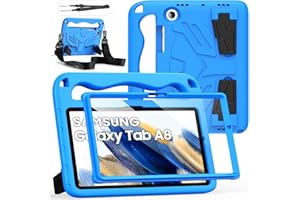 DUZZONA Funda Niños para Samsung Galaxy Tab A8 10,5 Pulgadas 2022 (SM-X200/X205/X207) con Protector de Pantalla Incorporado, Asa Infantil y Correa de Hombro, Funda Infantil Antichoque, Azul