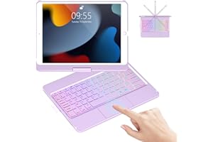 GAOJIE Étui avec Clavier avec Touchpad pour iPad 9ème/8ème/7ème Génération, Rotatif à 360° Coque pour iPad avec Mise en Veille/Réveil Automatique, 7 Rétroéclairages AZERTY Bluetooth Clavier(Violet Clair)