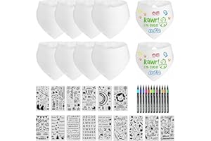 QITIXI:OU 10 Stück Baby Lätzchen zum Bemalen, Babylätzchen Baumwolle, Lätzchen Weiß Lätzchen mit 12 Farbigem Farbigem Textilstiften und 15 Malen Schablonen Baby Shower Spiele für Babys Junge Mädchen Babyshower