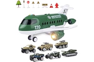 jenilily Military Cargo Aeroplane with Car Toys Set, Vehicles Trucks Light & Sound Playset for Kids Boys 3 4 5 years old