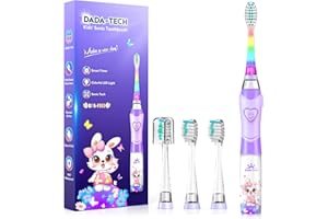 DADA-TECH Brosse à dents électrique pour enfants de 3 à 5 à 6 à 12 ans, brosse à dents électrique pour filles avec minuteur, lumière LED arc-en-ciel, alimentée par piles (lapin violet)