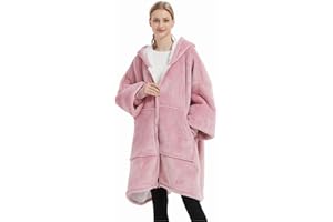 Menkala Kuscheldecke mit Ärmeln und Reißverschluss Oversize Zip Hoodie Damen Herren Flauschige Winter Warme Dicke Sherpa Flanell Decke Rosa Übergröße Sweatshirt Kapuzenpullover Plüschdecke