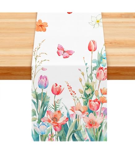 Raebel Runner Da Tavola Primaverile 40x90 Cm – Tovaglia Centrotavola Con Fiori E Farfalle Colorate – Poliestere Lavabile