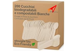 VIDOELETTRONICA Lot de 200 cuillères biodégradables et compostables, blanches, couverts en fibre de sucre, boîtes de 50 pièces, vaisselle bio Eco Friendly (200 cuillères à soupe)