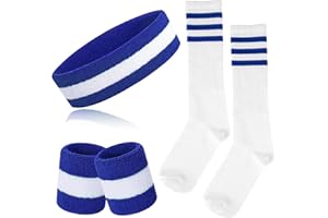 ONUPGO 5-teiliges gestreiftes Schweißband und Socken-Set, gestreiftes Stirnband, Schweißbänder, gestreifte hohe Socken für Männer, Frauen, Sport und 80er-Party