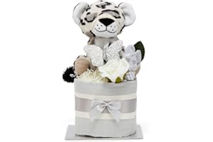 BABY BOX SHOP Unisex Nappy Cake Baby Gift - Gender Reveal Gifts, Newborn Baby Gifts, Baby Shower Nappy Cake, Newborn Essentials, Handmade Nappy Cake with Soft Toy Leopard for New and Expectant Mothers