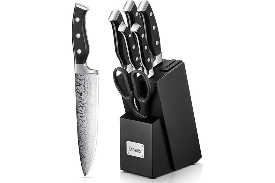 D.Perlla Knife Set, 7 Pieces Kitchen Knife Set with Self Sharpening Wooden Block, German Stainless Steel Knife Block Set with Triple Riveted Ergonomic Handle, Black