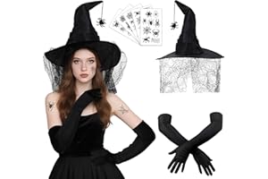 KYOEOE 7er Halloween Hexenhut mit Lange Handschuhe(50cm) Set,Schwarzer Hexenhut mit Spinnenanhänger Spinnen Tattoo Faltbarer Hexen Kostümzubehör Hut Accessoires für Fasching,Party,Theater Bar-Events