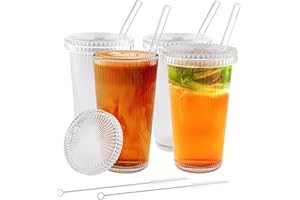 Vexillic Verre avec Couvercle et Paille, 4 Pièces 375ML Gobelet Verre a Eau Classique avec Brosse pour Soda Jus Lait Cocktail (Revêtement en verre)
