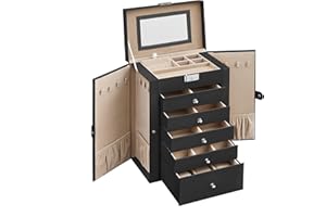 ‎SONGMICS SONGMICS Świąteczna szkatułka na biżuterię, duża, 6-poziomowa, pudełko na biżuterię z bocznymi drzwiczkami na zawiasach, szufladami, lustrem i zamkiem, odpowiednie do zegarków, czarny JBC152B01