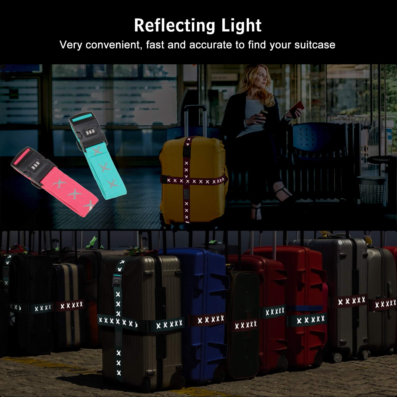 FORMIZON-Sangle-de-Bagage-avec-Serrure--Combinaison-Sangle-Valise-Rglable-Ceinture-Scuris-Sangle-Croise-Voyage-Accessoires-pour-20-32-Valise-Bagage-Scurit-Vert-Rose-Rouge