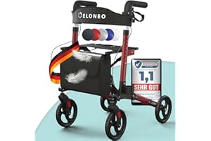‎ELONEO ELONEO Rollator faltbar und leicht mit Sitz, Leichtgewicht-Reiserollator aus Aluminium, Gehhilfe 8-fach höhenverstellbar, Laufhilfe 3-fach faltbar für Kofferraum, Tasche & Schirmhalter Rot