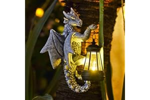 ‎YEOMOO Yeomoo Drachen Figuren mit Solarlampen Baumstamm Gartendeko für Draußen: Lustige Drachen Gartenfiguren Deko mit LED Solar Lichterkette Aussen Geschenke für Männer/Frauen Garten Zaun Baum Zubehör Grau