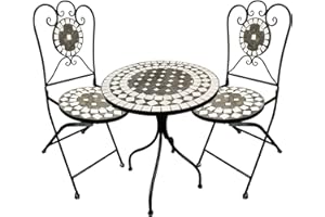 Dekoratives Mosaik Set 3-teilig Sitzgarnitur Mosaiktisch + 2 Mosaikstühle Sitzgruppe Gartentisch Gartenmöbel Bistrotisch