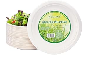 EXNIMA, Lot de 50 ou 100 Assiettes Jetables Biodégradables en Canne à Sucre, 100% Naturelle, Rondes, Vaiselle Anniversaire en Papier Ecologique, pour les Dîners, Barbecues, Fêtes, Anniversaires.