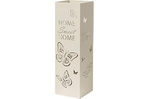 Baroni Home Moderner Metall-Schirmständer mit Home Sweet Home und Schmetterlingsschnitzerei - mit Haken und herausnehmbarem Ablagefach für Wohnzimmer und Büro, Weiß, 15,5x15,5x49 cm