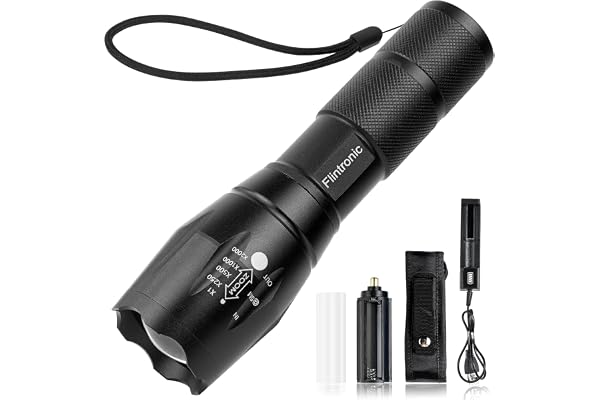 flintronic Lampe Torche LED Ultra Puissante, Lampe de Poche 3500 Lumens avec Chargeur USB et Holster, IPX6 Étanche 5 Modes, Étanche, Anti-Choc Zoom Longue Portée pour Bricolage, Camping,et Urgences
