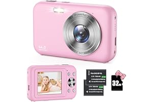 UMIPYIZA Digitalkamera, Kamera Fotokamera mit 32GB Karte, 44MP 1080P FHD Kinderkamera 2,4 ' LCD 16X Digitalzoom Kompaktkamera, Tragbare Fotoapparat mit 2 Akku, für Kinder, Teenager, Anfänger (Rosa)