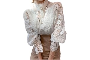 FRESQA Camicia Patchwork in Pizzo con Maniche a Petalo, Colletto alla Coreana, Scava Fuori, Camicetta in Pizzo da Donna, Top Bianco con Bottoni