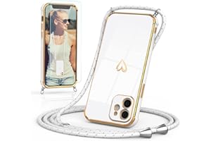 Togestar Handykette Hülle für iPhone 12 Mini Handyhülle mit Band und Schutzfolie, Kameraschutz Herz Love Design 360 Grad Stoßfeste Schutzhülle Silikon TPU mit Kordel zum Umhängen, weiß