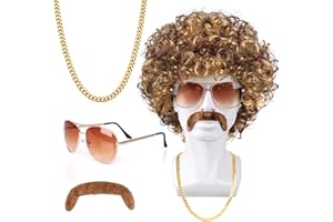 Humairc Rocker Perücke Locken Perücken Herren Damen Rocker Sonnenbrille Halskette Stirnband 80er 90er Jahre Karneval Fasching Rocker Kostüm (Brau)
