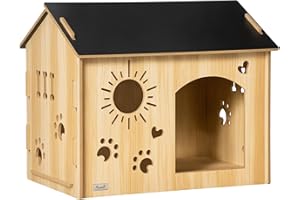 PawHut Hundehütte aus Holz Katzenhaus mit Lüftungsöffnungen niedliches Pfoten-Design Dach Indoor Hundehöhle Haustierhaus für Katzen, Welpen