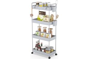Ronlap Carrello Portaoggetti Sottile, Organizzatore di Stoccaggio Carrello a 4 Livelli, Carrello Portaoggetti su Ruote, con cestino, divisori, Grigio