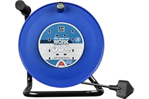 Masterplug Four Socket, 40 Metre Open Cable Reel, Large Extension Lead Reel, Wind-Up Power Retractable Cord Reel, Heavy Duty, Thermal Cut Out, Work Power, Blue/Black, 13A, 4G, 40m, HDCC4013/4BL