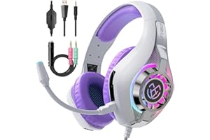Tatybo Casque Gaming pour Ps5, Casque Gamer 3D Son Surround avec Microphone Antibruit, Ultraléger 250g, Haut-Parleur 50 mm, Casque avec Prise Jack 3,5 MM pour Ps4 Pc Xbox Switch (Violet et Blanc)