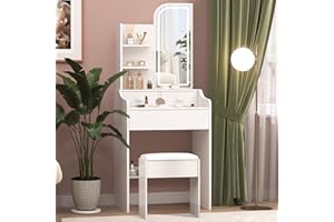 ANCOLOV Girls Dressing Table with Mirror and Stool Vanity Set, Princess Vanity Table with LED Lights and 3 Drawers & Storage Shelves, 3-Color Lighting Small Makeup Desk Bedroom Furniture Modern White