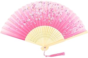 KEYIDO Różowy wachlarz ręczny dla kobiet z jedwabnej tkaniny ręczny składany wachlarz tradycyjne wachlarze ręczne z frędzlami do dekoracji ściennej taniec weselny cosplay