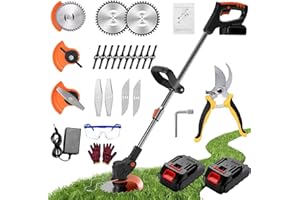 Gompuy Strimmer, Garden Strimmer,Cordless Strimmer with Blades, Electric Strimmer, Brush Cutter, Grass Trimmer with 2 x 21V 2.0mAh Batteries, Suitable for Gardens, Villas, Lawns