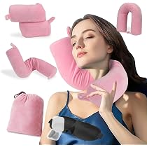 urnexttour Set di cuscino da viaggio rosa e coperta per aereo, essenziali da viaggio, cuscino per il collo da donna in memory foam e morbida coperta compatta con borsa per viaggi in