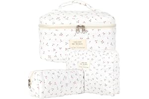 KOMABLEN 3pcs Reise Kosmetiktasche Set Damen, Baumwolle Kulturbeutel Set Damen Gesteppte Kulturtasche mit Blumenmuster, Make up Bag Aesthetic Schminktasche Cosmetic Bag für Kinder Damen