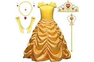 Timesun Puffärmel Angels Prinzessin Belle Kostüm Kleid für Mädchen Kinder Halloween Karneval Party Verkleidung Kronen Zepter Ketten Ringe Ohrringe Handschuhe