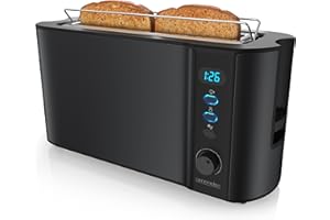 Arendo - Grille-Pain Large Fente Affichage Digital - Grille-Pain Automatique 3 en 1-1000W - 6 Niveaux réglable - Fonction décongélation - réchauffe viennoiseries Plateau à miettes -Toaster Noir Mat