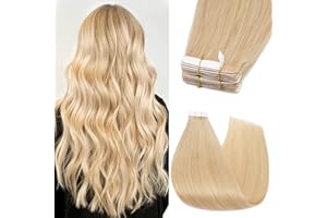 Silk-co Tape in Hair Extension Real Straight Human Hair 10pcs 100% Remy Straight Skin Weft Hair Extension (16inch 10Pcs #24 Natural Blonde)