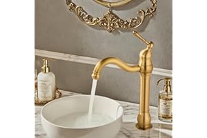 ROVOGO Antique Brass Vintage Retro Tall Tap for Bathroom Basin, High Rise Bathroom Sink Mixer Tap with 360° Swivel Spout, Brass Construction Basin Mixer Tap, Cloakroom Classic Countertop Basin Faucet