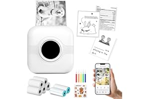 Mucek Mini Drucker, Mini drucker für Smartphone mit 5 Papierrollen, Pinsel, Mini Drucker für Smartphone mit 5 weißen Papieren, 2 Etikettenpapieren, Buntstiften, Aufklebern