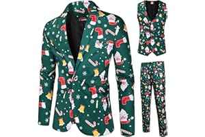 RTGSE Herren Weihnachtsanzug Hässliche Weihnachtskostüm Anzug Jacke + Ärmellose Weste + Lange Hosen Hose 3 Stück Kleidung Sets für Party
