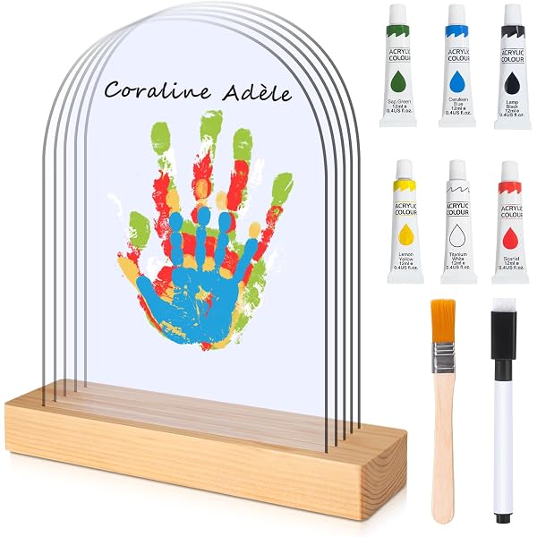 Kit Empreinte Main Famille 4 Personnes - Acrylique Et Bois - 6 Couleurs Non Toxiques - Cadeau Personnalisable