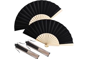 Chuangdi 2 Stücke Holz Fan Stoff Hand Falten Fans Handheld Fans Handwerk Fan Dekoration Fan Geschenk Fan mit Kordelzug Organza Taschen für Männer Damen (Schwarz)