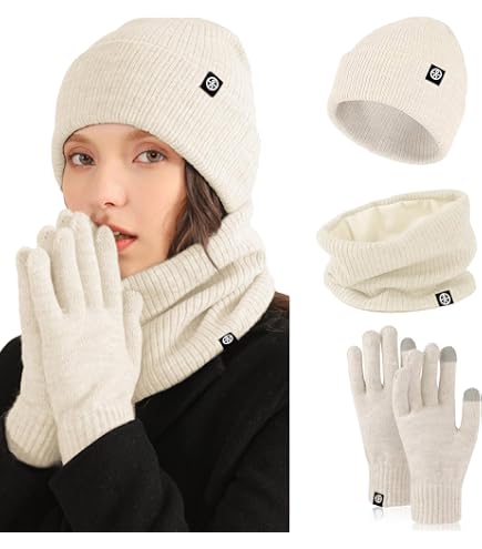 MARUKO Mütze Schal Handschuhe Damen Set Winter Warm Beanie Mütze Touchscreen Handschuhe und Schal Set mit Fleecefutter Wintermütze Winterschal Winterhandschuhe (Beige) Fashion