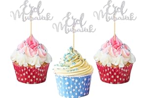 KEYIDO Silver Eid Mubarak Cupcake Topper 20Pcs Eid Mubarak Cake Topper Ramadan Muslim Hajj Eid Decor for Eid Party Cake Decorations