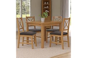 Hallowood Furniture Waverly Extendable Dining Table and Chairs Set 4, Small Kitchen Table in Light Oak and Cross Back Oak Chair with Charcoal Grey Fabric Seat for Dining Room, Lounge