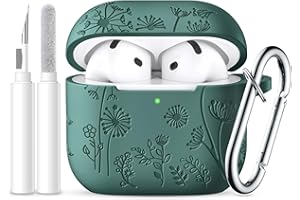 Ouwegaga Flower Engraved Case Compatible for AirPods 4 Case 2024, Shockproof Silicone Protective Cover Compatible with Apple AirPods 4th Generation, LED Visible, With Carabiner&Cleaner Kit-Pinegreen
