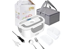 Nifogo Scaldavivande Elettrico Portatile 60W Portapranzo Termico 12V 24V e 220V per Auto,Camion e Ufficio lunch box Elettrica Acciaio Inox 1,5L con Grigia Borsa Termica(Grigio)