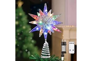 ‎LEWONDR Lewondr Weihnachtsstern-Baumspitze, 11-Zoll Steckbetrieben und Fernbedienung 3D Geometrischer Beleuchteter Baumkronenstern für Weihnachtsdekoration, Timer-Funktion und 5m Kabel, Buntlicht, Silber Weiß