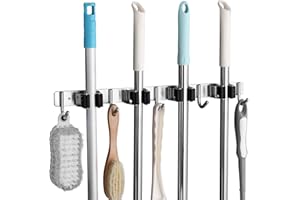 SHYOSUCCE Edelstahl Besenhalter, Besenhalterung Wand mit 4 Schlitze und 5 Haken, Gerätehalter Wandhalterung für Küche, Badezimmer, Garage und Garten, Schwarz