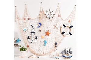 SEISSO Red de Pescar Decoración de Pared con Conchas, Estilo Mediterráneo Red de Pescar, Playa para el Hogar Sala Decoración de Pared de Fiesta, Bar Restaurante Decoración, 200 * 150 cm (Blanca)